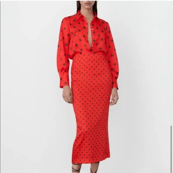ZARA Polka Dot Skirt Black Red - Picture 8 of 9